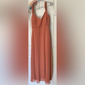 Long Terracotta Dress With Off-The-Shoulder Sleeves